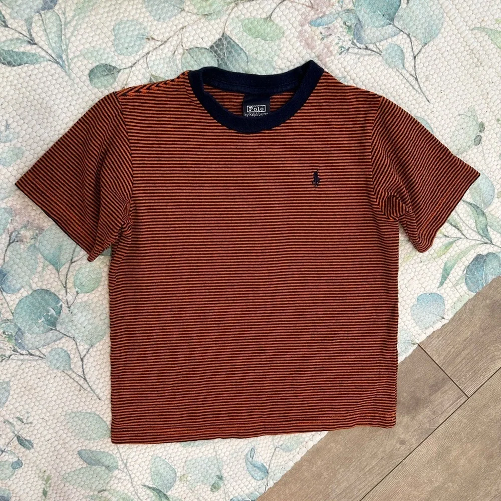 Rare Vintage Polo Ralph Lauren Little Boys Orange and Navy Striped Tee Size 5